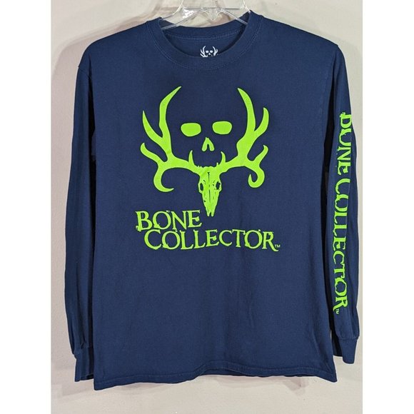 Bone Collector Long-Sleeve Skull Logo Graphic T-Shirt Navy Blue Neon Green Med - Picture 1 of 4
